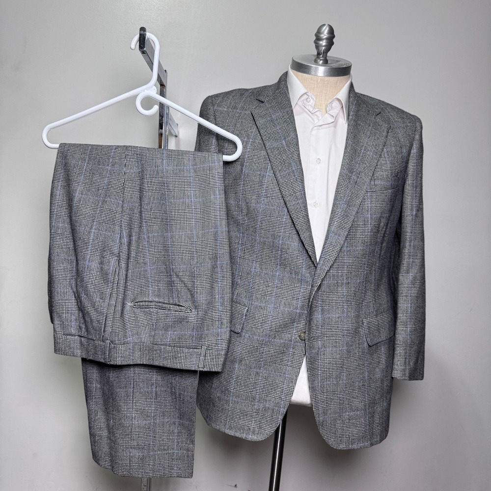 Nordstrom Chaps Ralph Lauren Suit Mens 42R 38W Grey Glen Plaid Wool Vintage